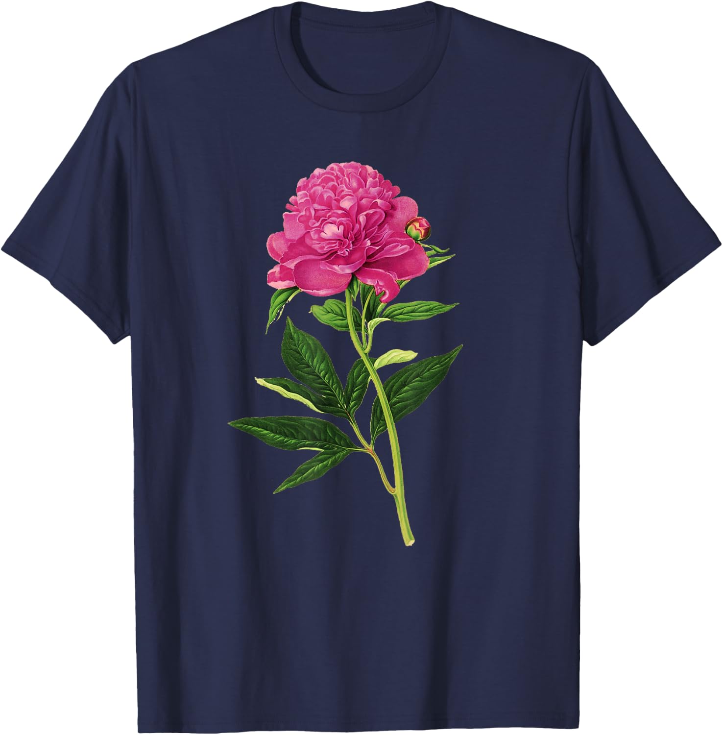 Vintage Botanical Print, Fuchsia Pink Peony T-Shirt - T-Shirt | Navy