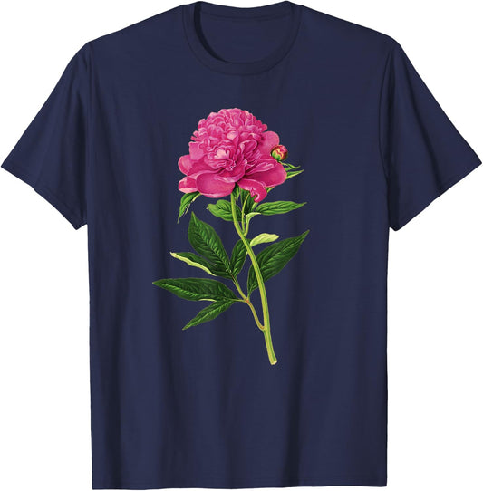 Vintage Botanical Print, Fuchsia Pink Peony T-Shirt - T-Shirt | Navy