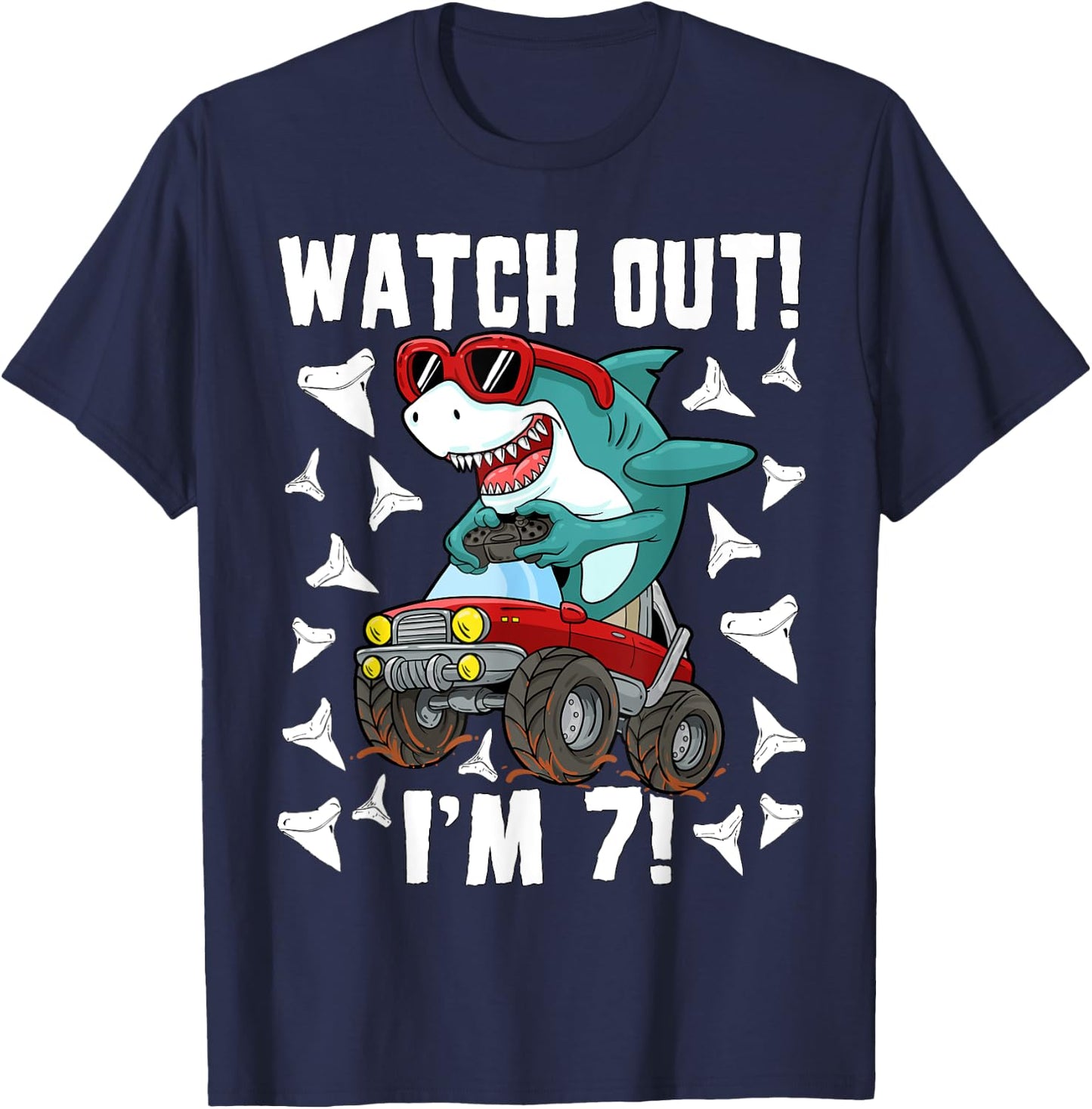 7 Years Old 7th Birthday Shark Boy Girl Monster Truck Gamer T-Shirt - T-Shirt | Navy