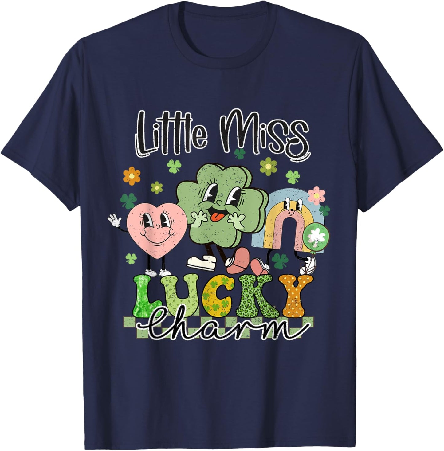 Retro Groovy Little Miss Lucky Charm St Patrick's Day T-Shirt - T-Shirt | Navy