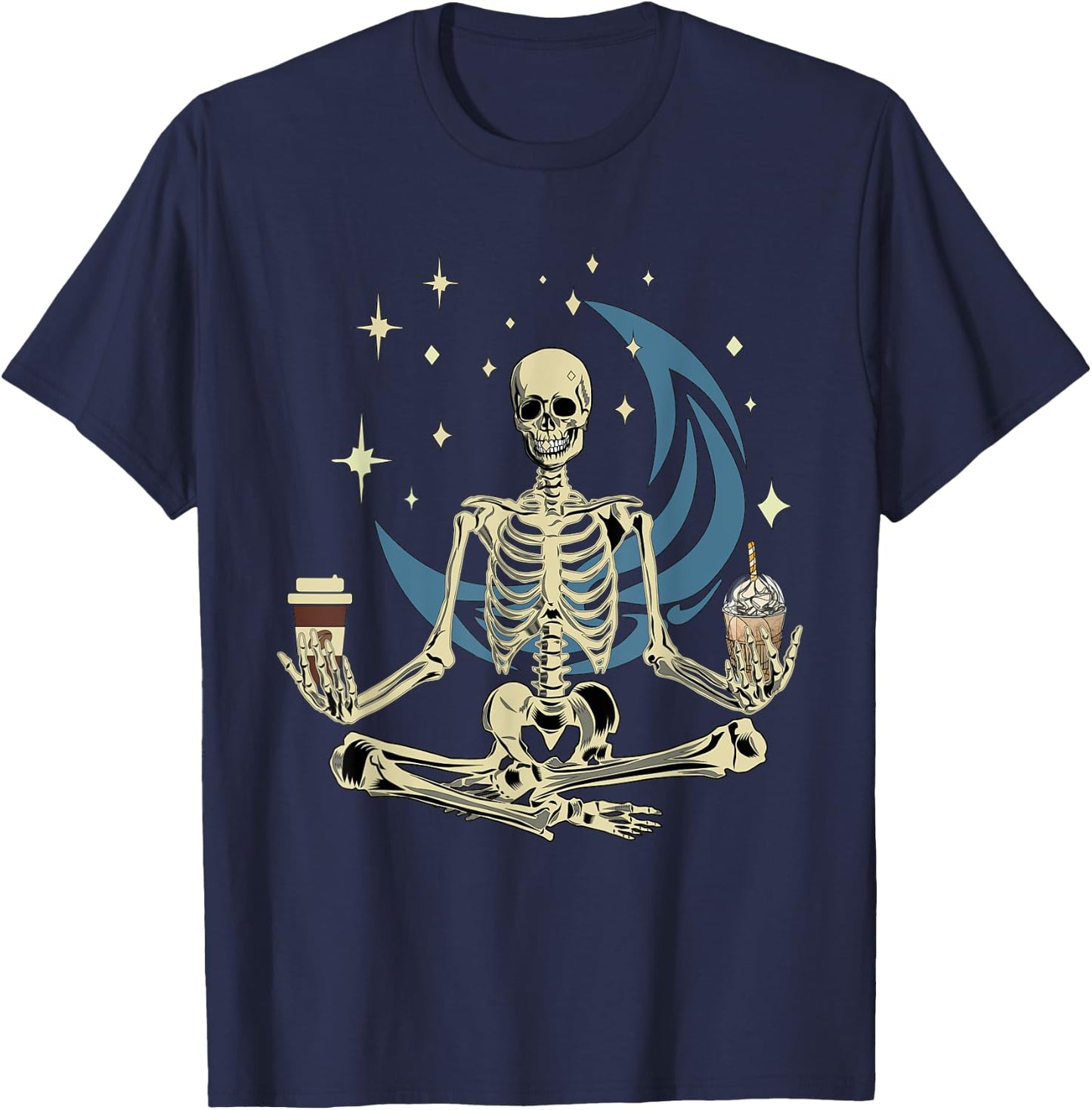 Skeleton Doing Yoga And Drinking Coffee Funny Meditation T-Shirt - T-Shirt | Navy