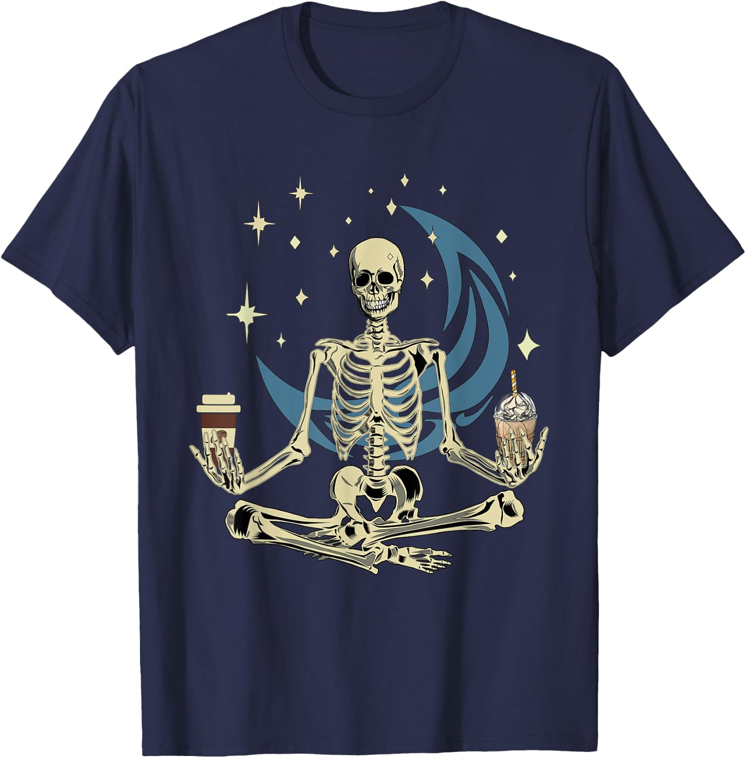 Skeleton Doing Yoga And Drinking Coffee Funny Meditation T-Shirt - T-Shirt | Navy