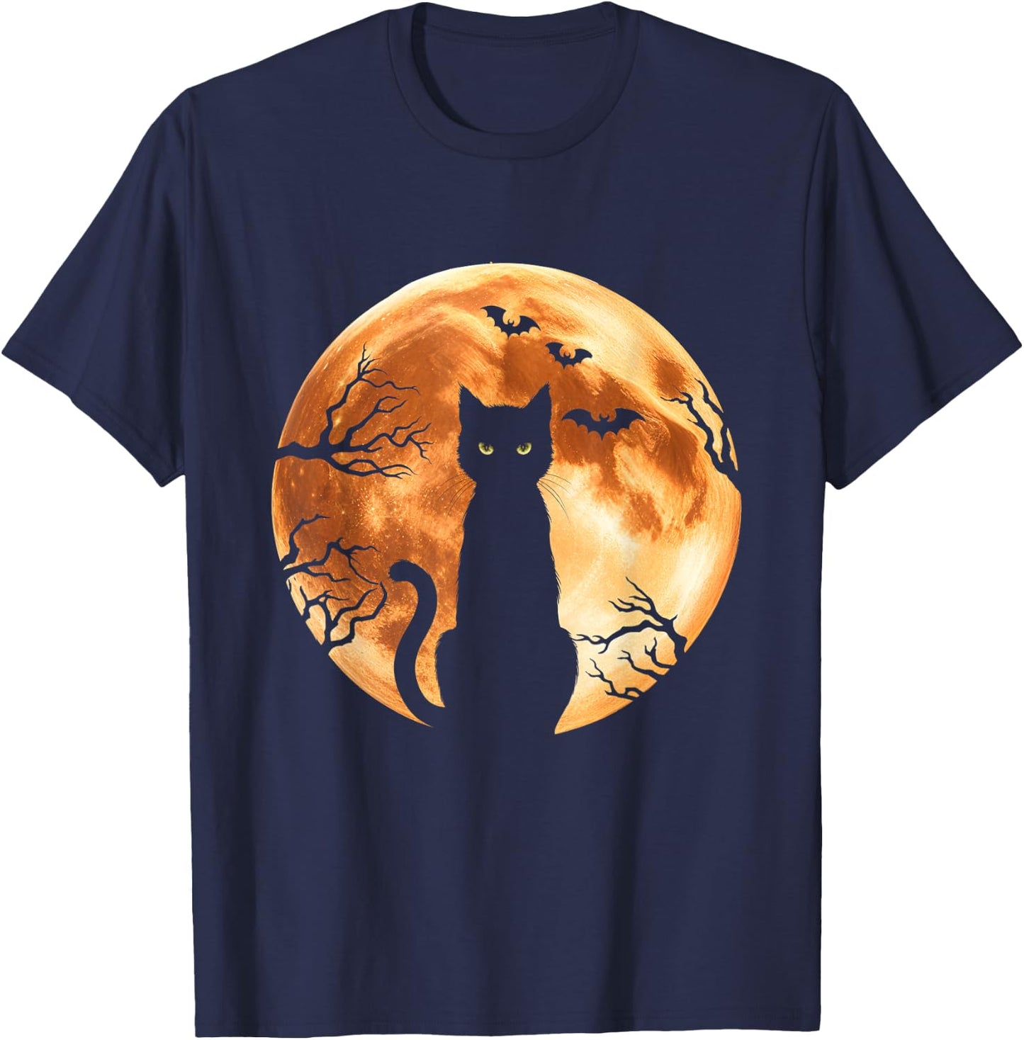 Halloween Cat Moon Bats Spooky Night Black Cat T-Shirt - T-Shirt | Navy