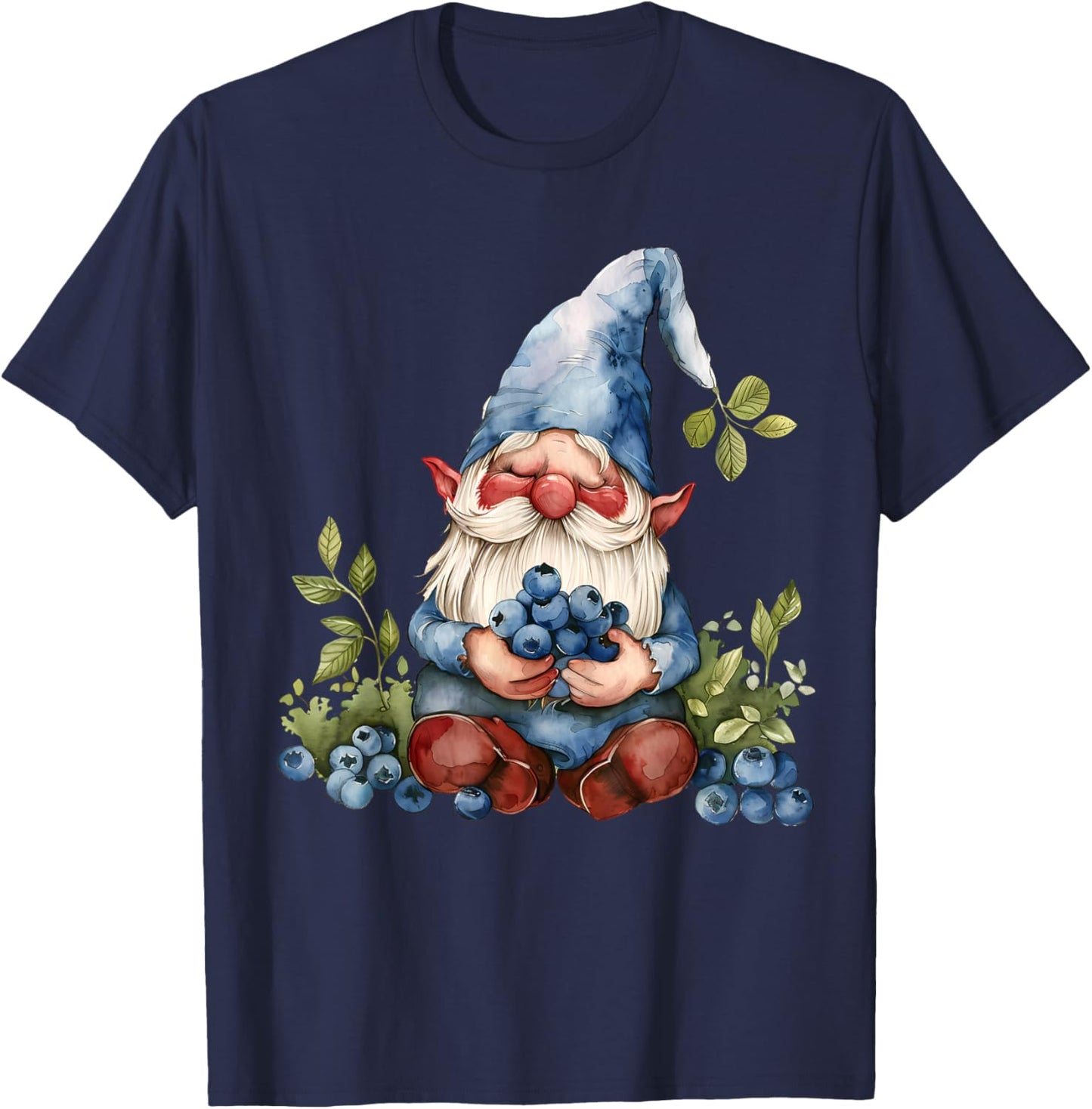 Blueberry Gnome Watercolor Artwork Nature Blueberries T-Shirt - T-Shirt | Navy