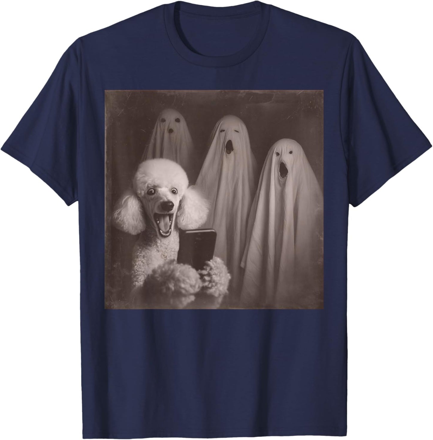 Funny Poodle with Ghosts Retro Halloween Dog Lover T-Shirt - T-Shirt | Navy