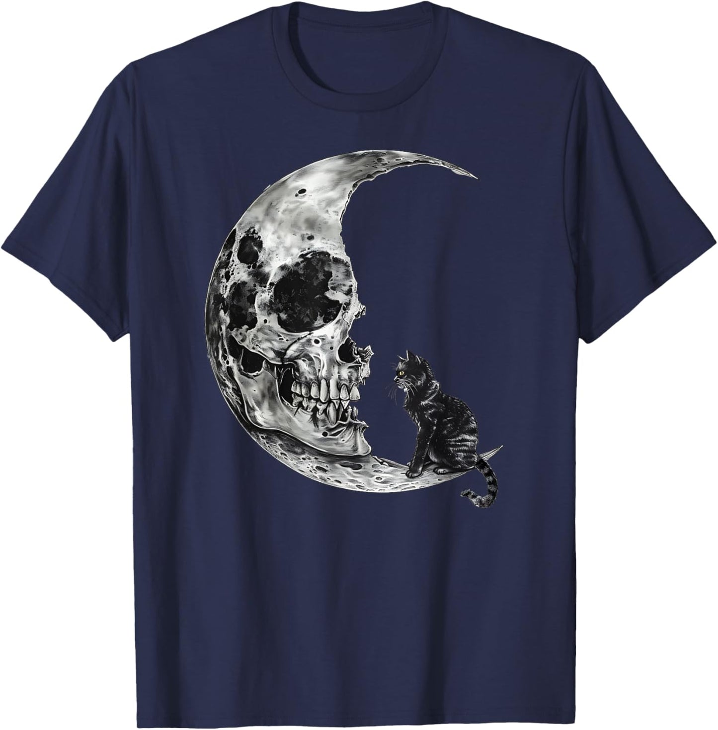 Vintage Halloween Black Cat Scary Skull Moon Men Women Kids T-Shirt - T-Shirt | Navy