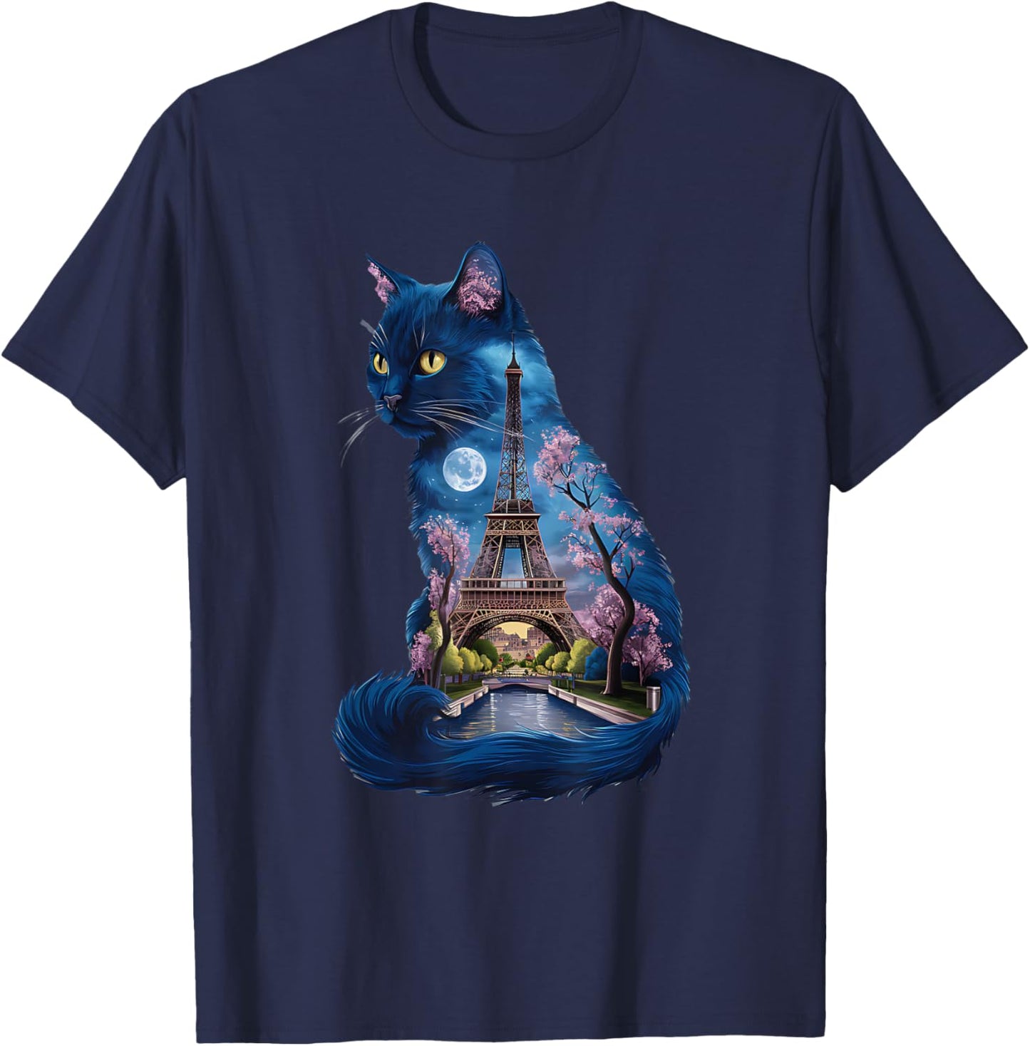 Pretty Parisian Cat Silhouette French Eiffel Tower European , Black, S T-Shirt - T-Shirt | Navy