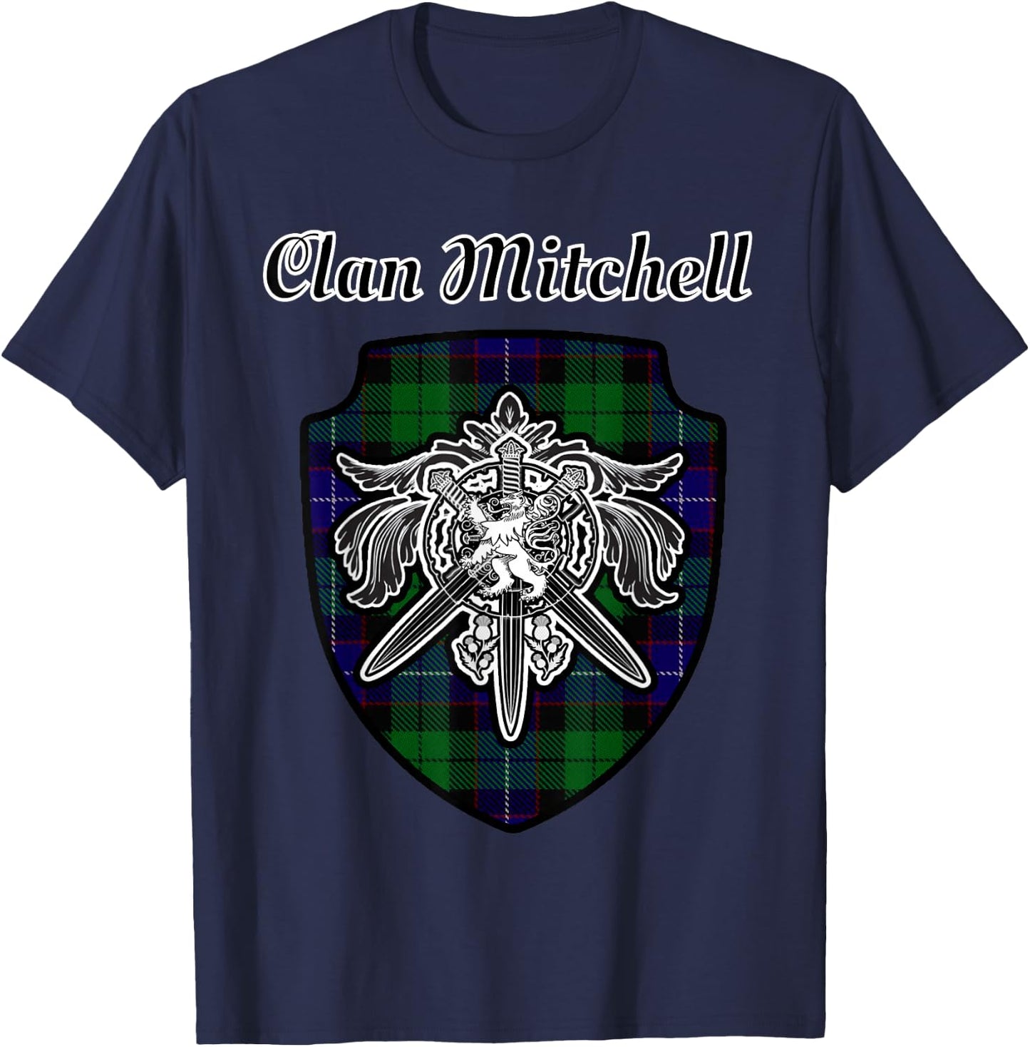 Mitchell Scottish Clan Tartan Lion Sword Crest T-Shirt - T-Shirt | Navy