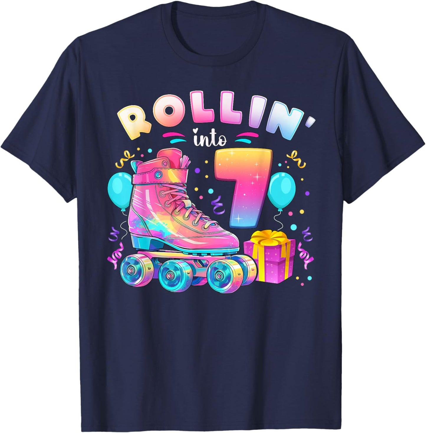 7th Birthday Girl 7 Years Roller Skates Number 7 T-Shirt - T-Shirt | Navy