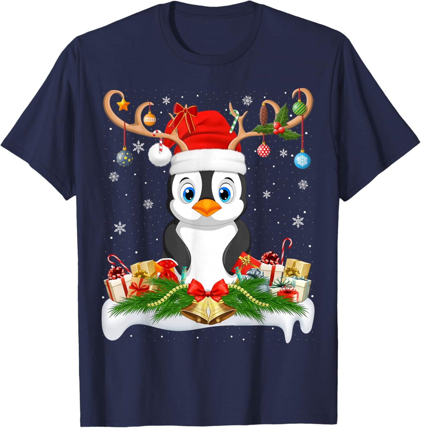 Xmas Lighting Reindeer Santa Penguin Christmas T-Shirt - T-Shirt | Navy