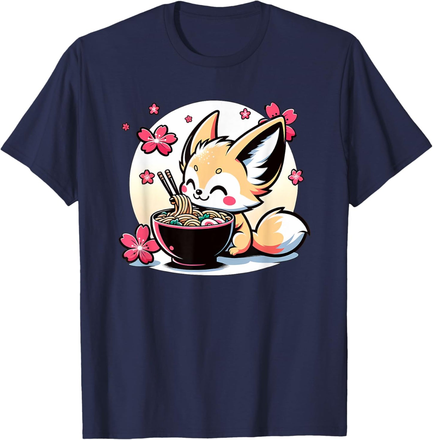Kawaii Fennec Fox Eating Ramen T-Shirt - T-Shirt | Navy