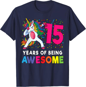15th Birthday Dabbing Unicorn Party Gift 15 Years Old Girls T-Shirt - T-Shirt | Navy