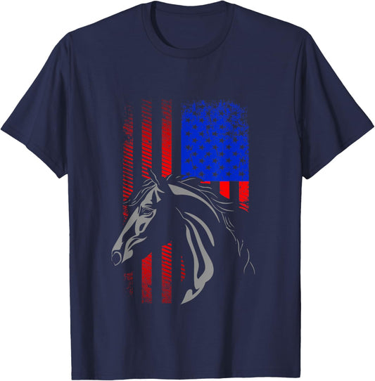 American Flag Horseback Riding Apparel - Horse Women Kids Men T-Shirt - T-Shirt | Navy