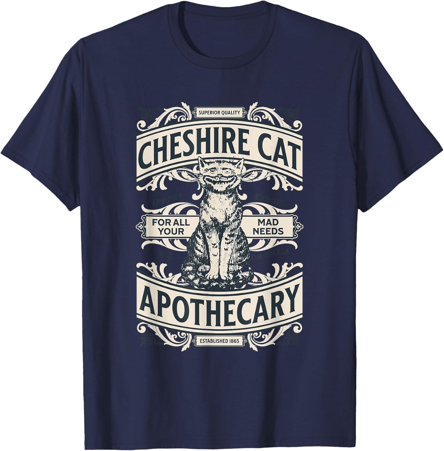 Cheshire Cat - Alice in Wonderland Vintage Book Design T-Shirt - T-Shirt | Navy