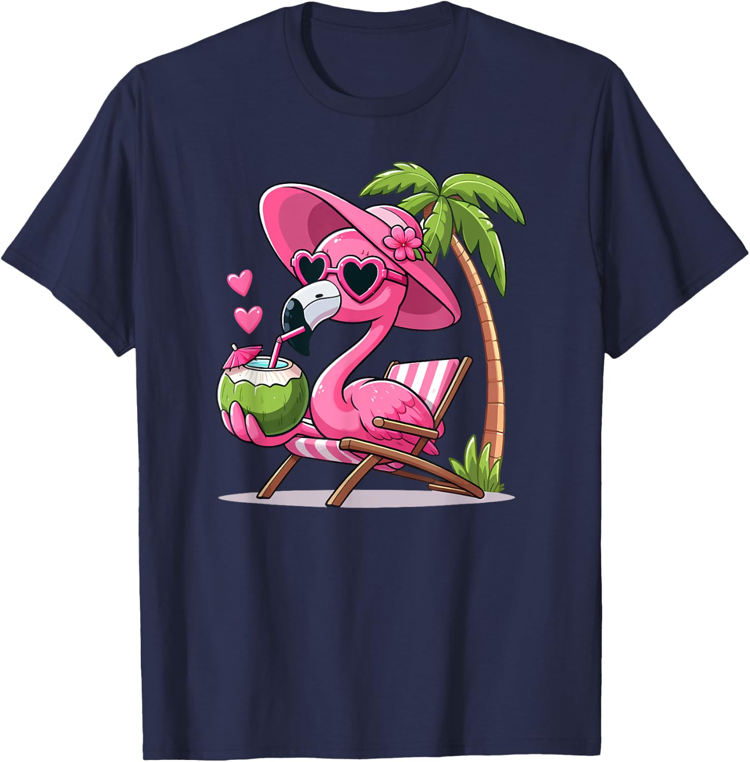 Pink Flamingo Summer Vibes Beach Palm Tree Summer Vacation T-Shirt - T-Shirt | Navy