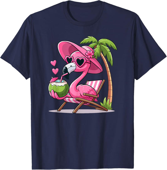 Pink Flamingo Summer Vibes Beach Palm Tree Summer Vacation T-Shirt - T-Shirt | Navy