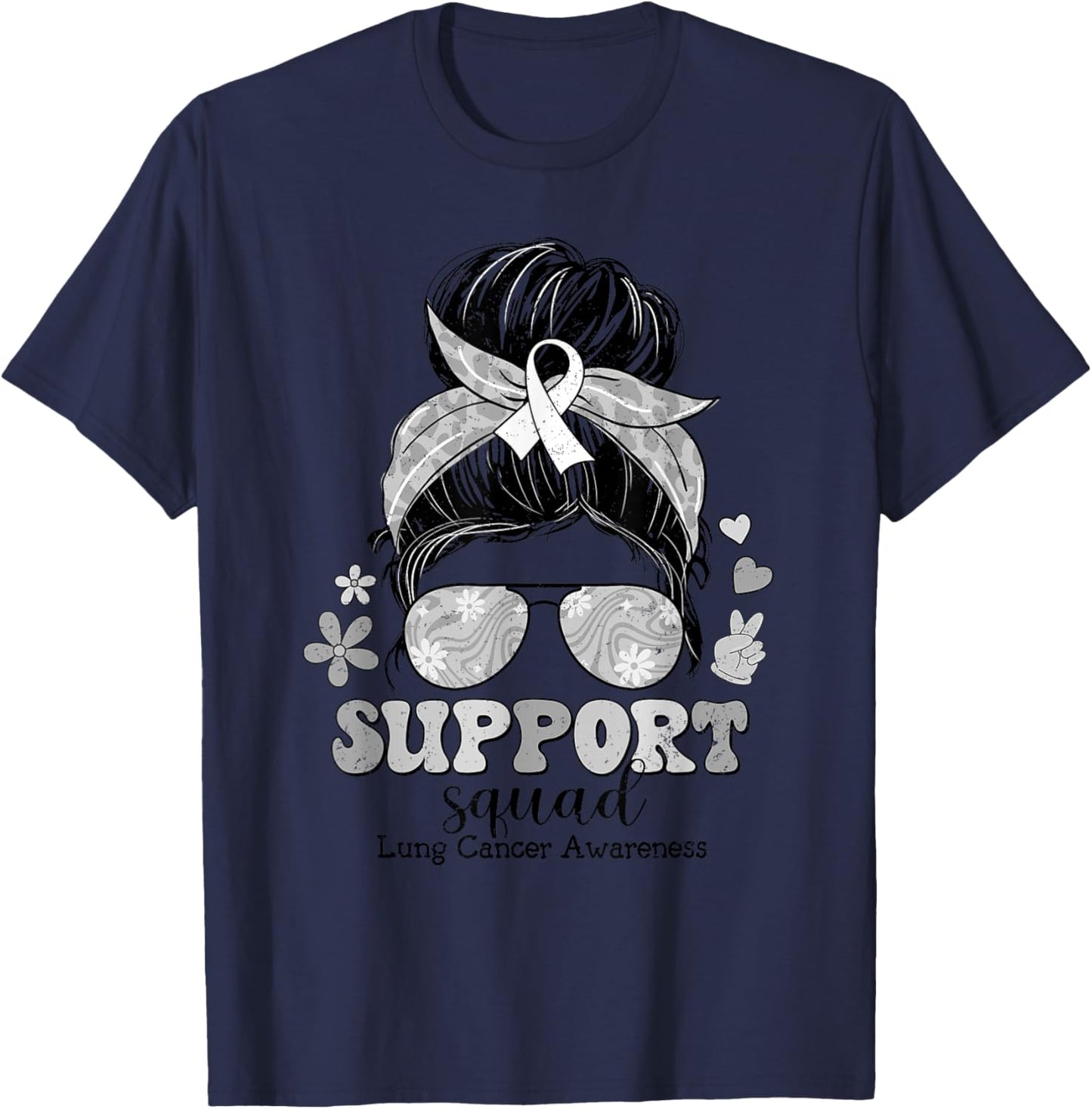 Groovy Support Squad Messy Bun Lung Cancer Awareness T-Shirt - T-Shirt | Navy