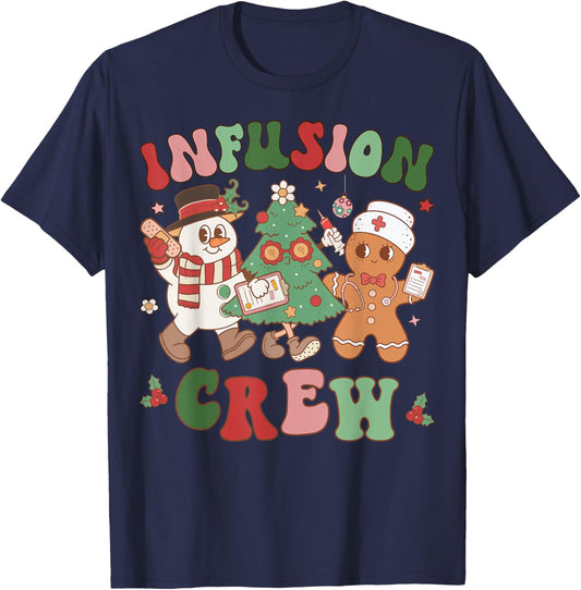 Retro Infusion Nurse Crew Christmas Chemotherapy Nursing T-Shirt - T-Shirt | Navy