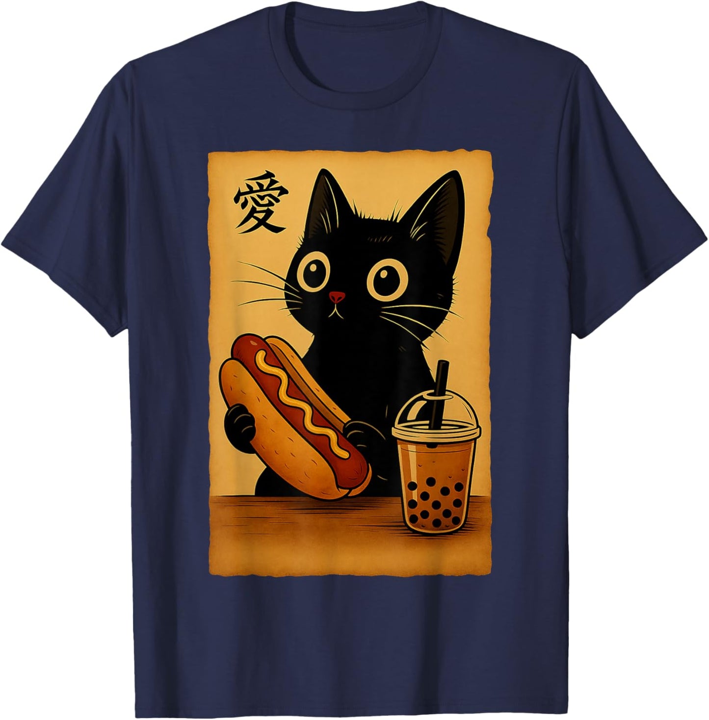 Japanese Kawaii Anime Cat Hotdog Aesthetic Cat Eating Hotdog T-Shirt - T-Shirt | Navy