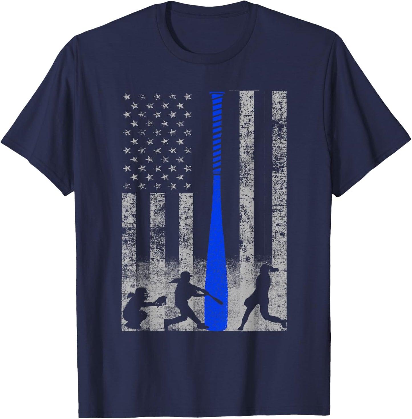 Softball American Flag - Blue Bat and Softball Players Flag Kids Men T-Shirt - T-Shirt | Navy