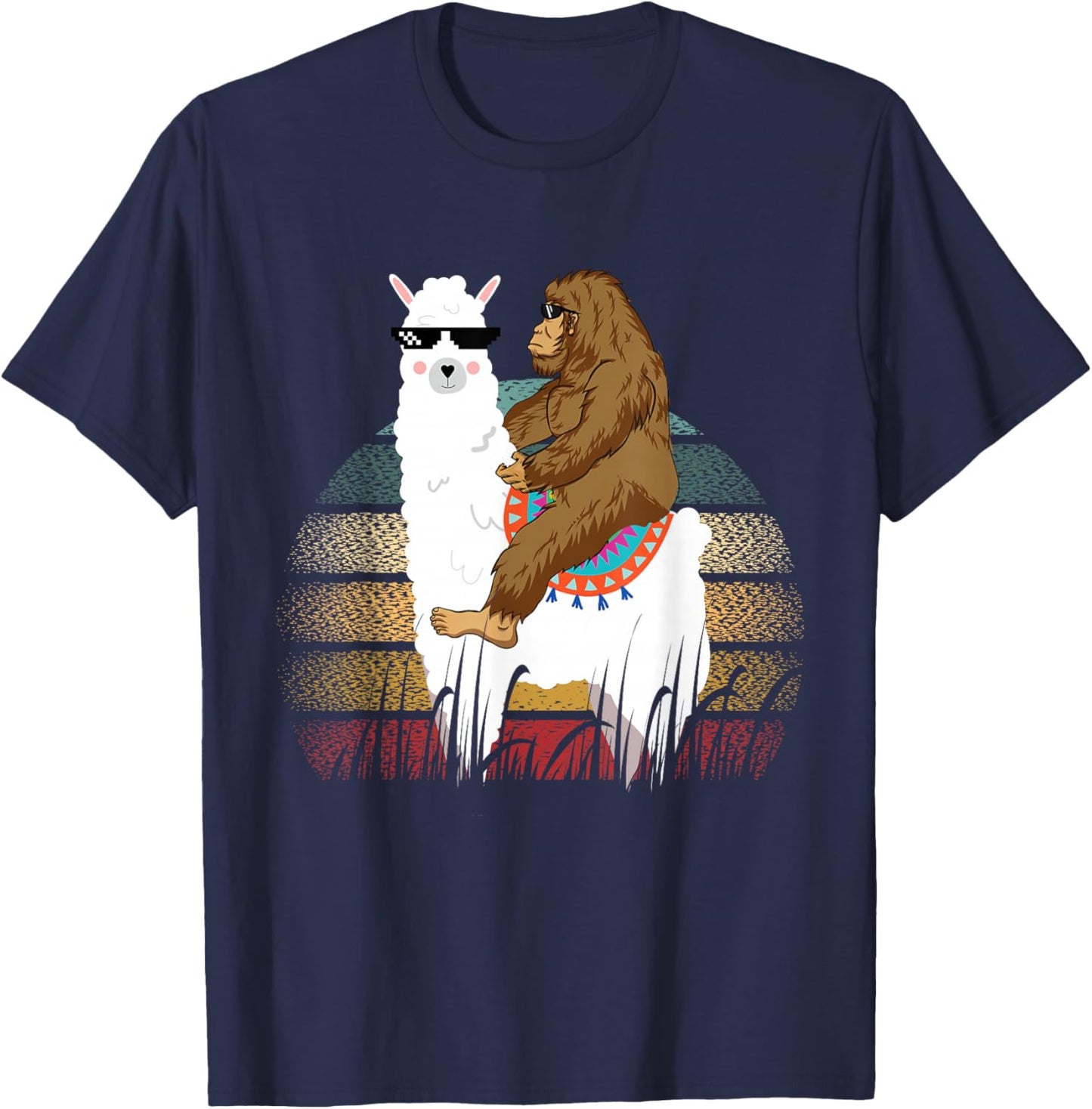 Bigfoot Riding Llama Sasquatch Retro T-Shirt - T-Shirt | Navy