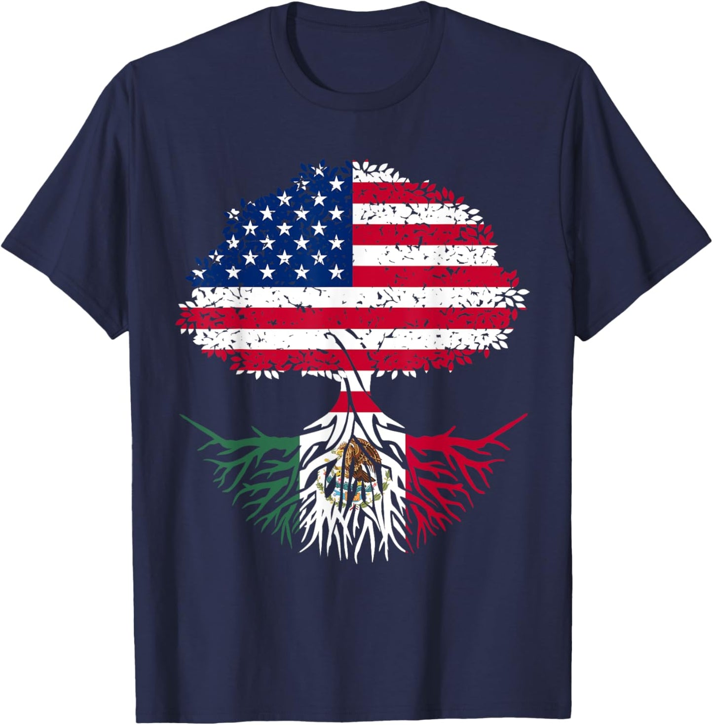 Mexican Roots American Grown Tree Flag Gift T-Shirt - T-Shirt | Navy