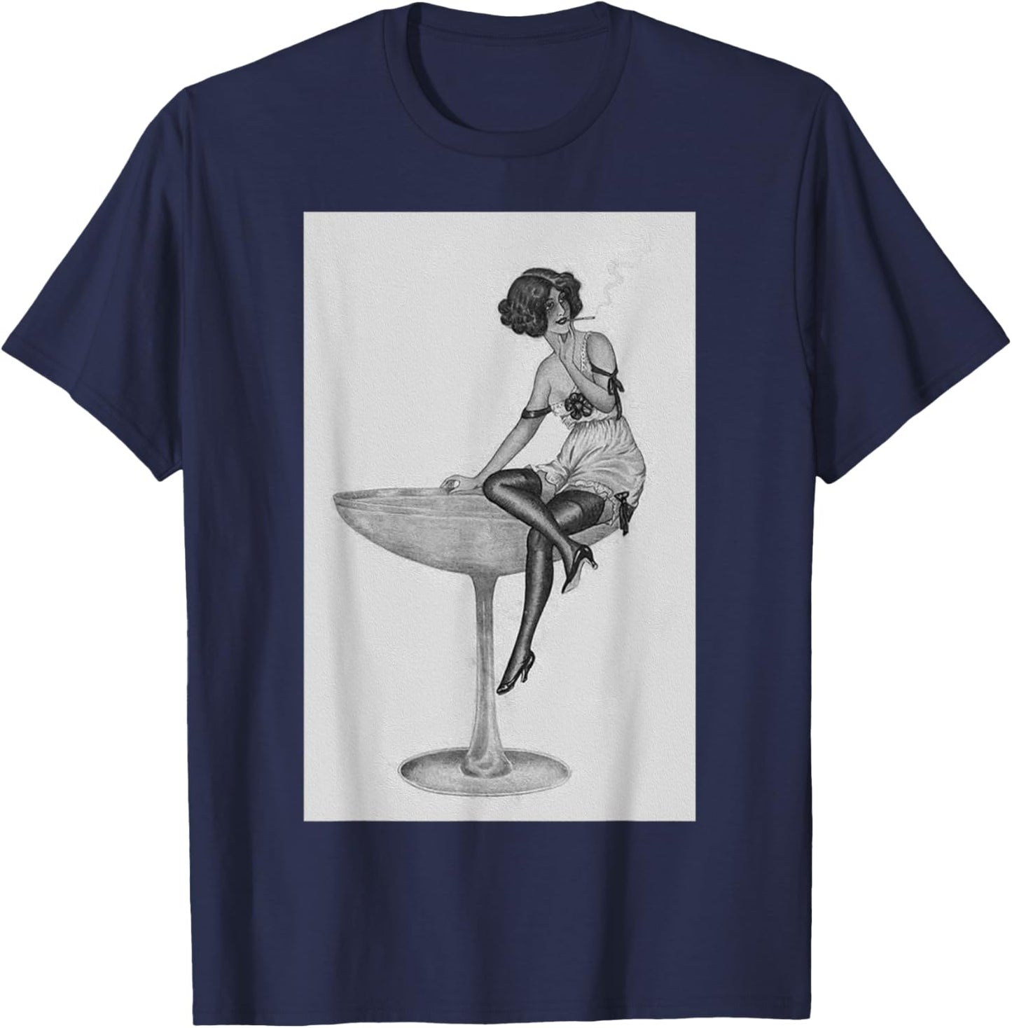 1920's Flapper Girl in Pink Dress - Retro Cocktail Aesthetic T-Shirt - T-Shirt | Navy