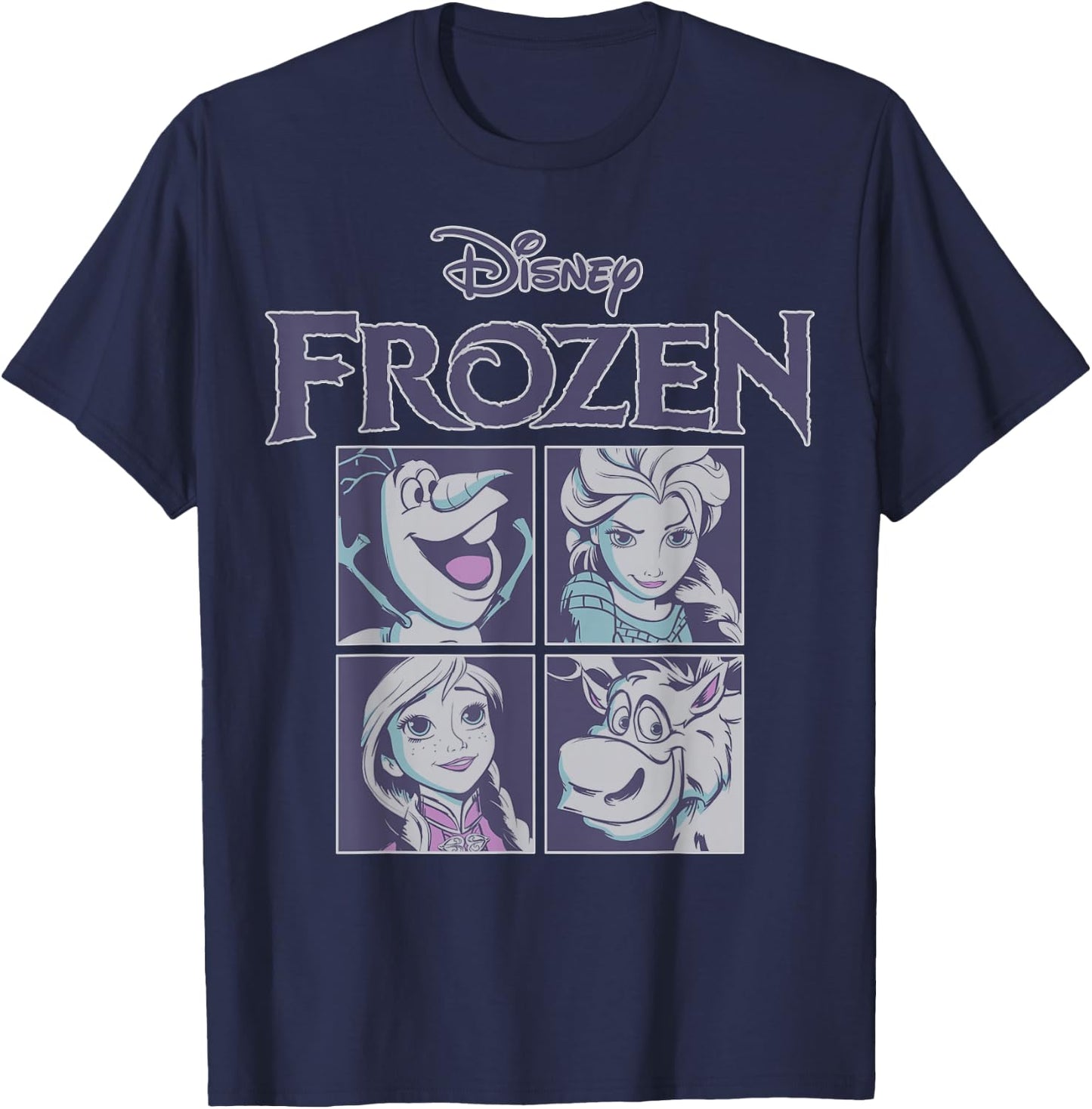 Disney Frozen Blue Hue Character Portrait Grid Panels Small T-Shirt - T-Shirt | Navy