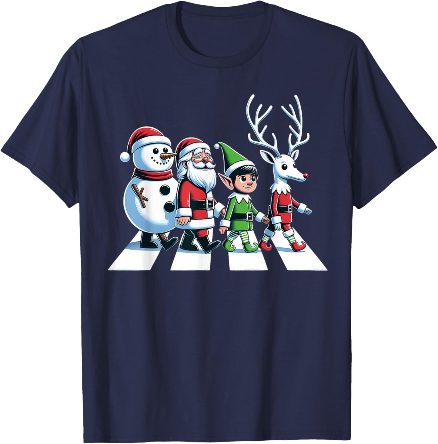 Christmas Road Snowman Santa Elf Reindeer Xmas Crosswalk T-Shirt - T-Shirt | Navy