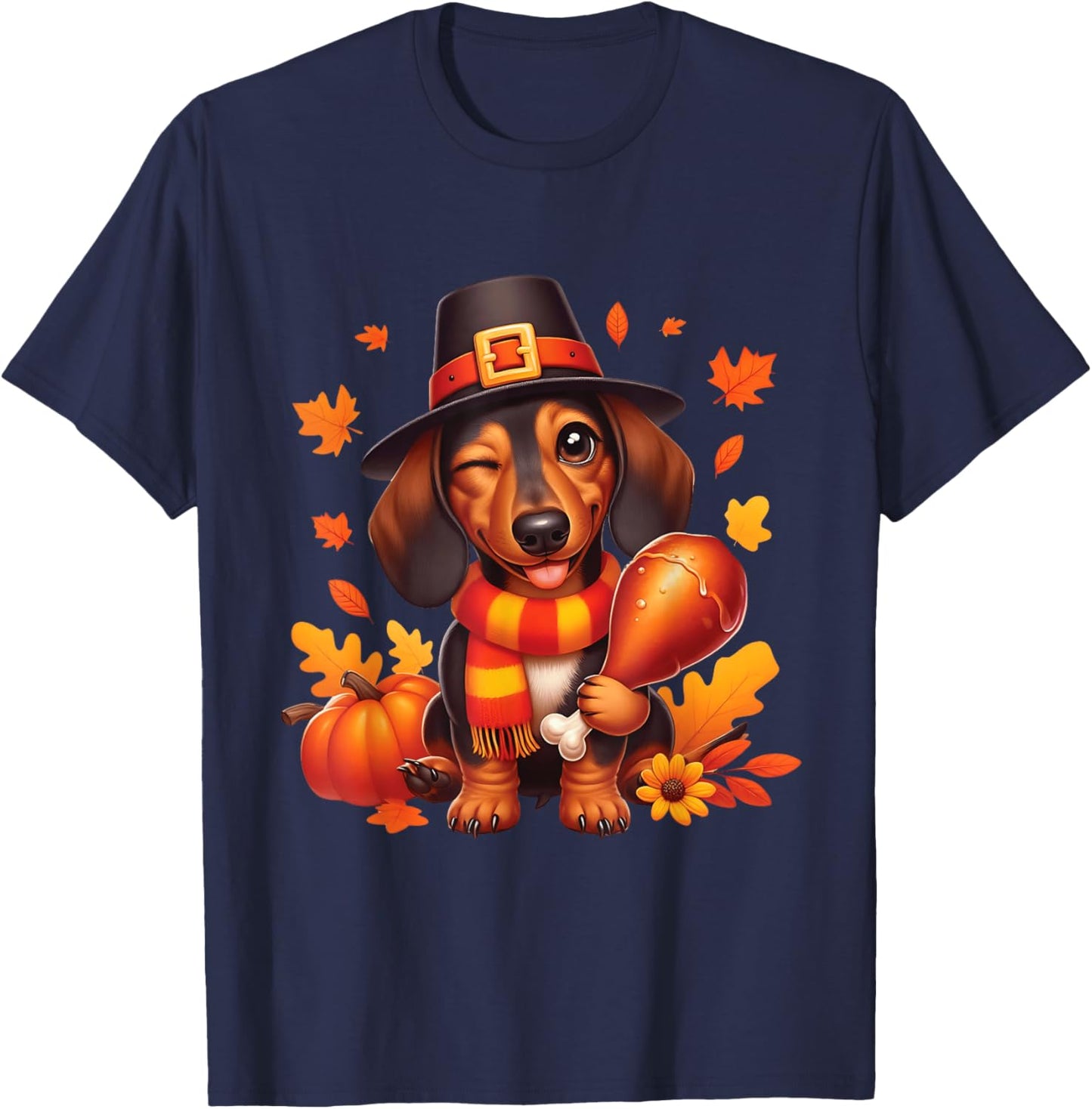 Dachshund Pilgrim Happy Thanksgiving Dog Men Women Girl Boy T-Shirt - T-Shirt | Navy
