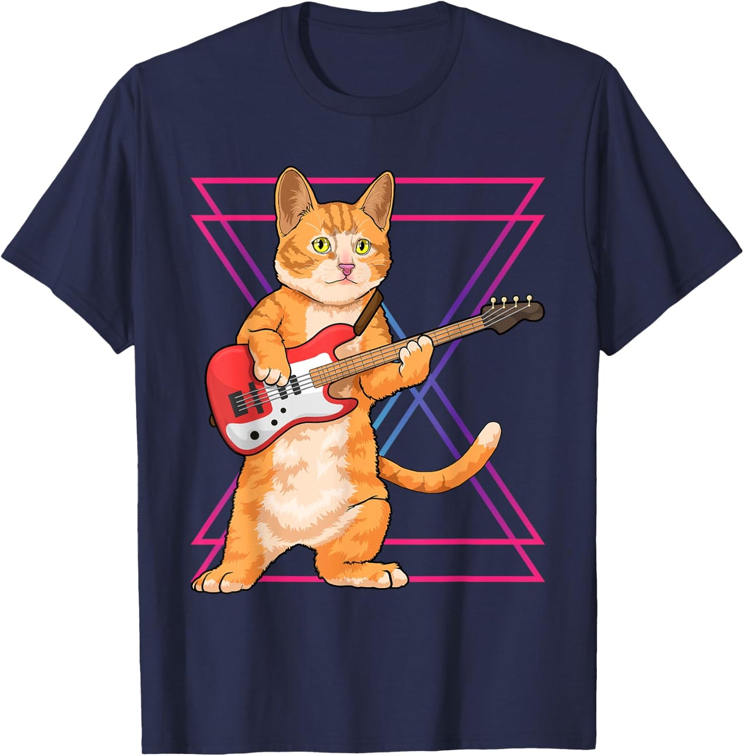 Cat Playing Guitar Musician Kitten Funny Bass Guitar Player T-Shirt - T-Shirt | Navy