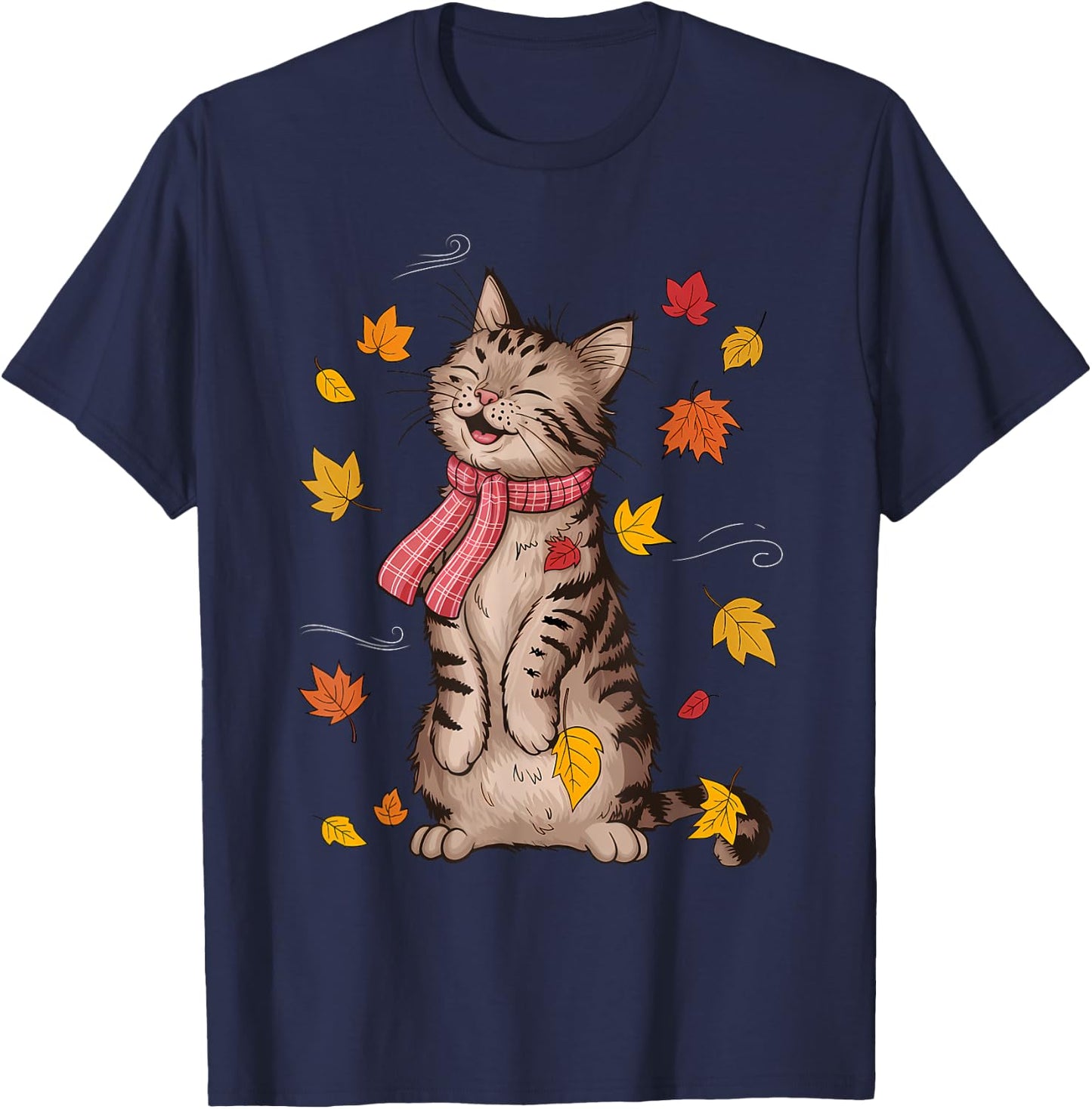 Cute Cat Autumn Fall Breeze Leaves Kitten T-Shirt - T-Shirt | Navy