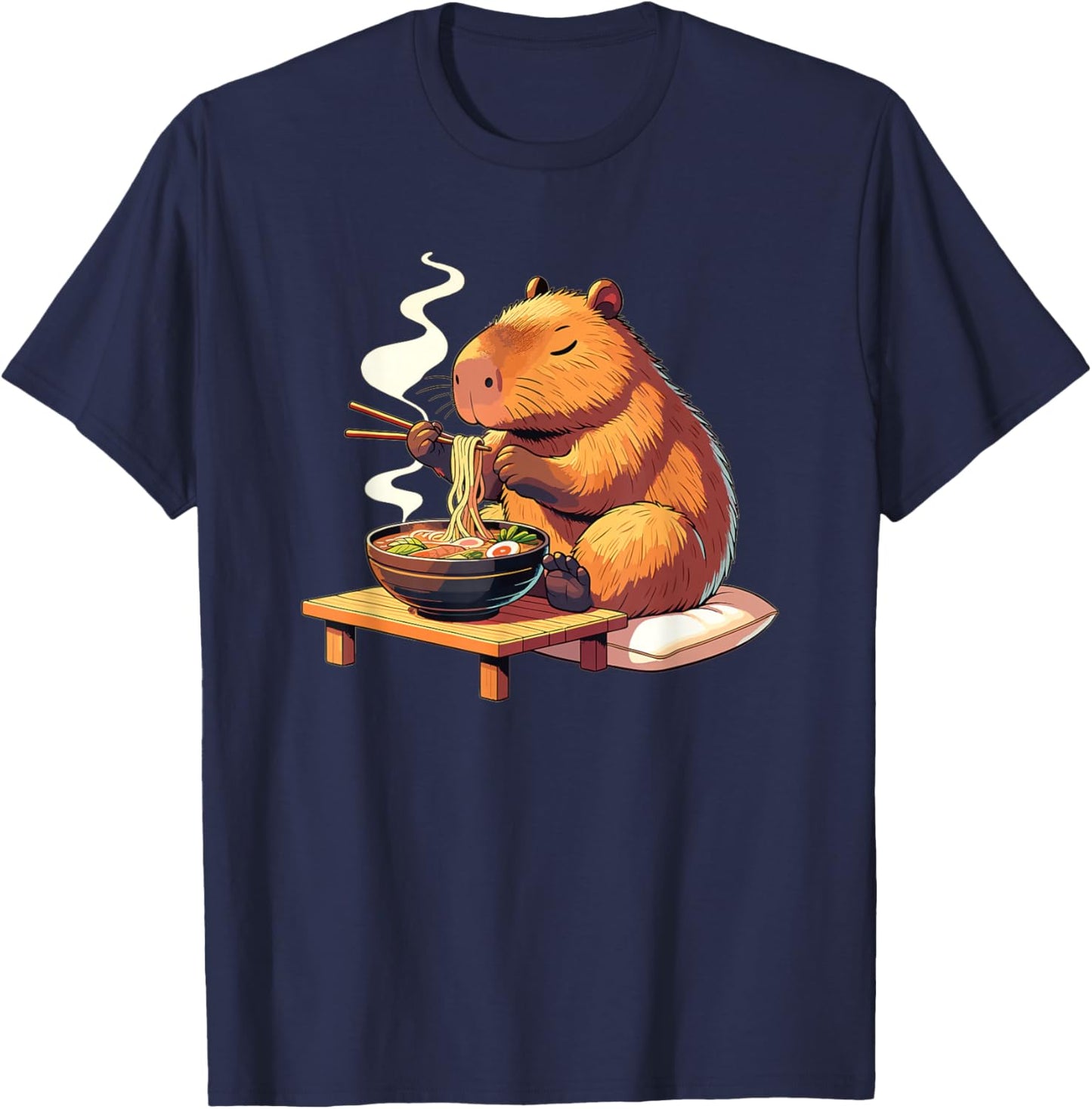 Sweet Capybara Eats Ramen Noodles Capybaras Ramen T-Shirt - T-Shirt | Navy
