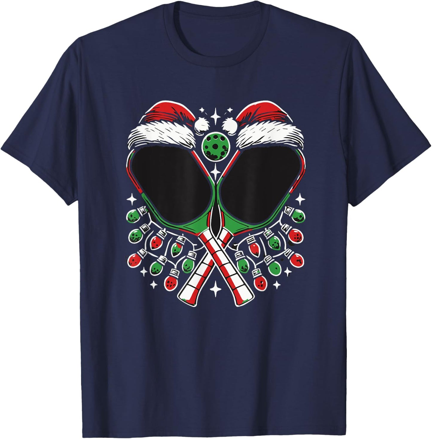 Christmas Pickleball Paddle with Santa Hat Xmas Lights T-Shirt - T-Shirt | Navy