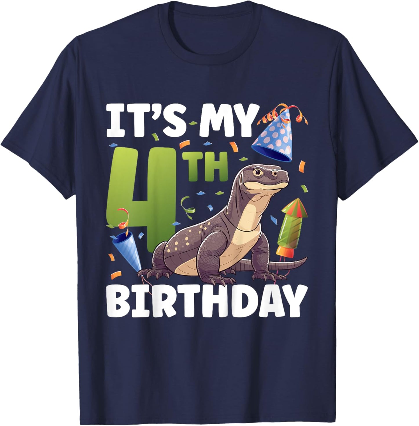 Kids 4th Komodo Dragon Birthday Party Four Year Old Komodo Dragon T-Shirt - T-Shirt | Navy