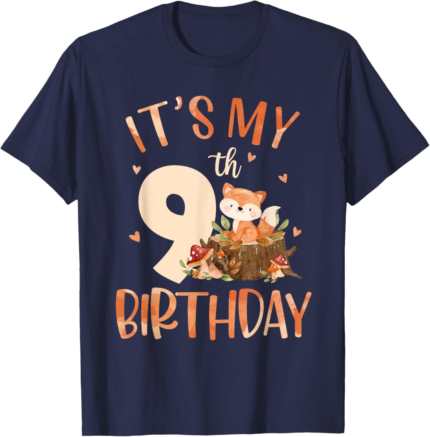 Its My 9th Birthday Cute Fox 9 Year Old Birthday Decorations T-Shirt - T-Shirt | Navy