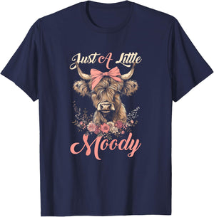 Highland Cow Just A Little Moody Flower Funny Farm Farmer T-Shirt - T-Shirt | Navy
