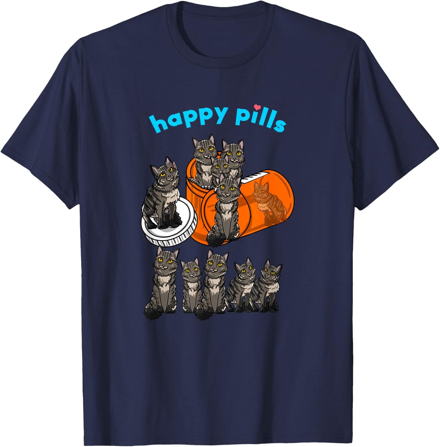 Happy Pills Maine Coon Funny Kitten Feline Cat Lover Gift Men Women Girls Kids T-Shirt - T-Shirt | Navy