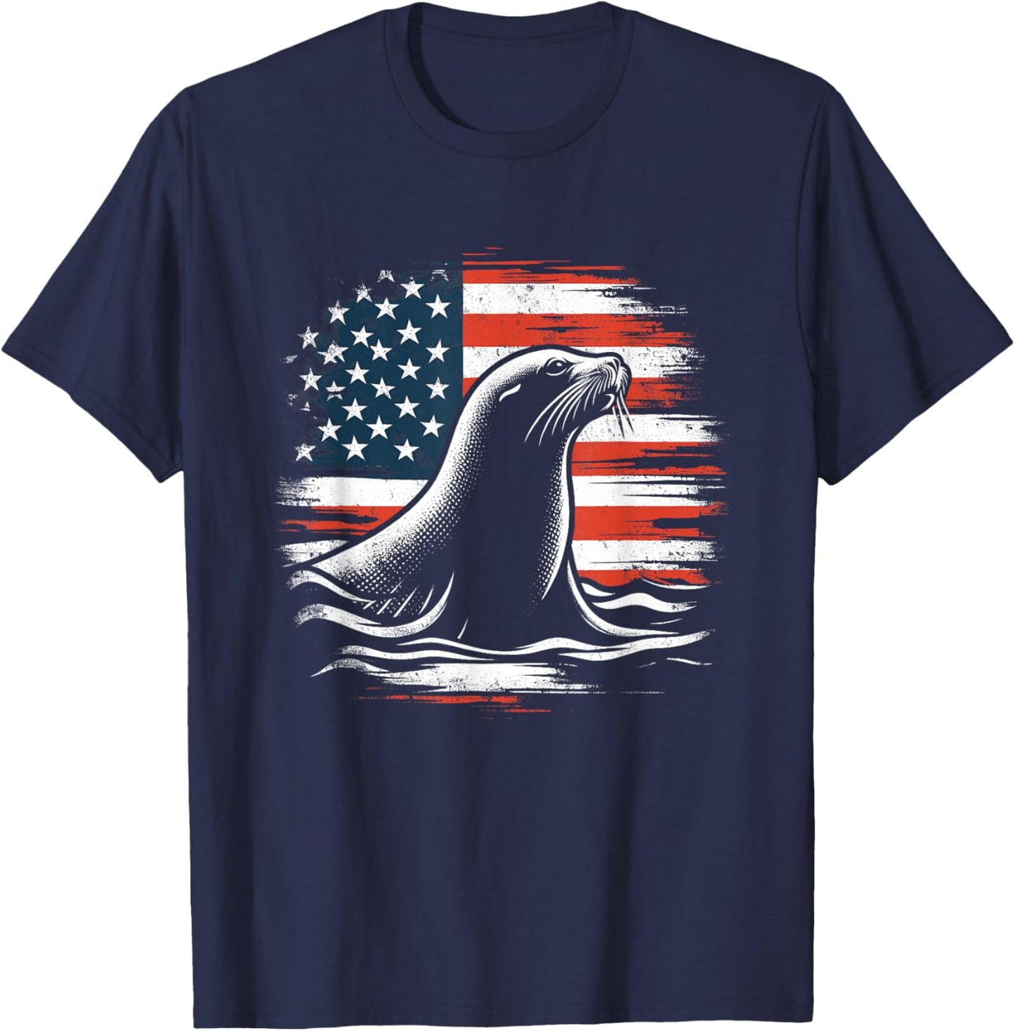 Sea Lion American Flag - Patriotic USA Seal Sealion Lover T-Shirt - T-Shirt | Navy