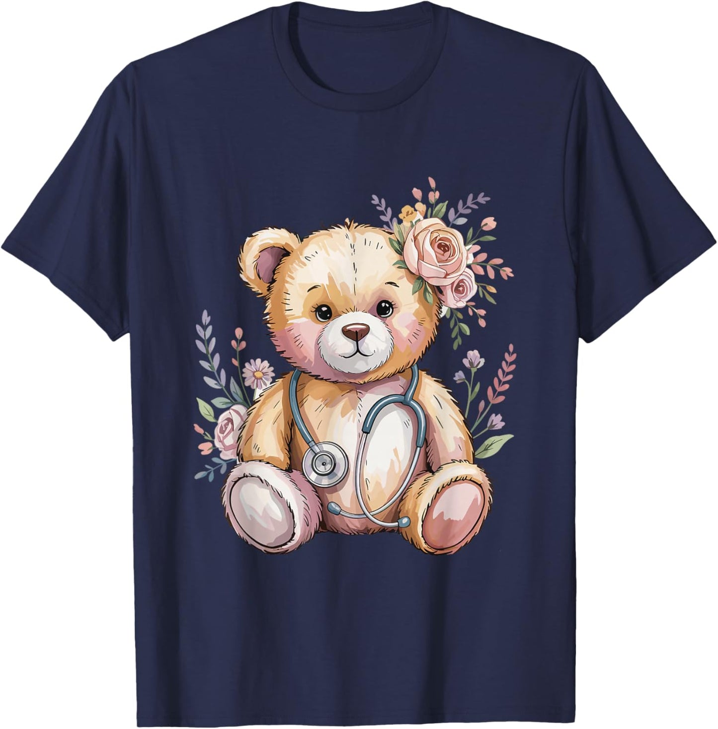Floral Teddy Bear Flower Kids Doctor Pediatric Nurse T-Shirt - T-Shirt | Navy