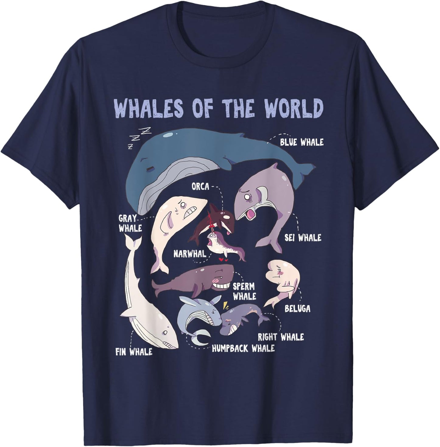 Whales Of The World Educational Ocean Mammals Guide T-Shirt - T-Shirt | Navy