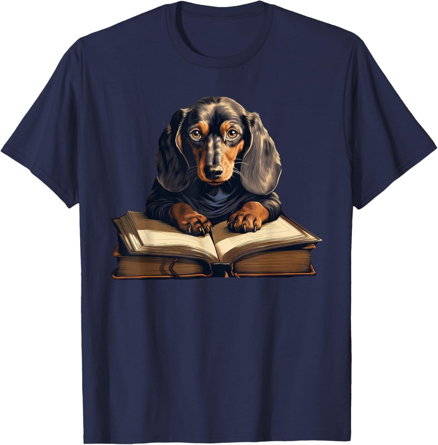 Cute Dog Dachshund Reading Book T-Shirt - T-Shirt | Navy