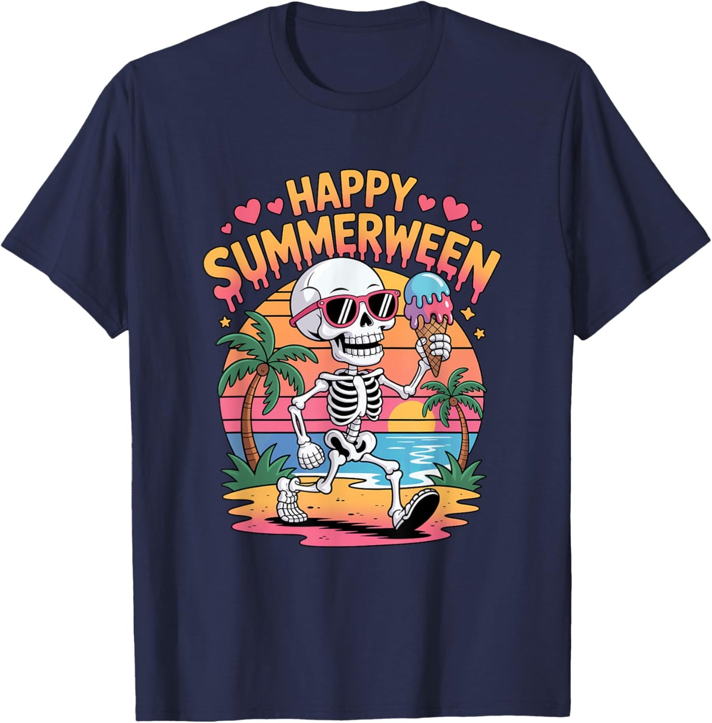 Happy Summerween Skeleton Halloween Beach Summer Scary Fun T-Shirt - T-Shirt | Navy