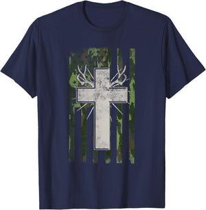 Jesus Christian Cross Hunting American Flag Camo Deer Hunter Women Men T-Shirt - T-Shirt | Navy