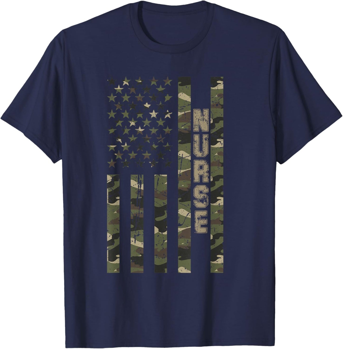 Nurse United States Distressed Camo w US Flag T-Shirt - T-Shirt | Navy