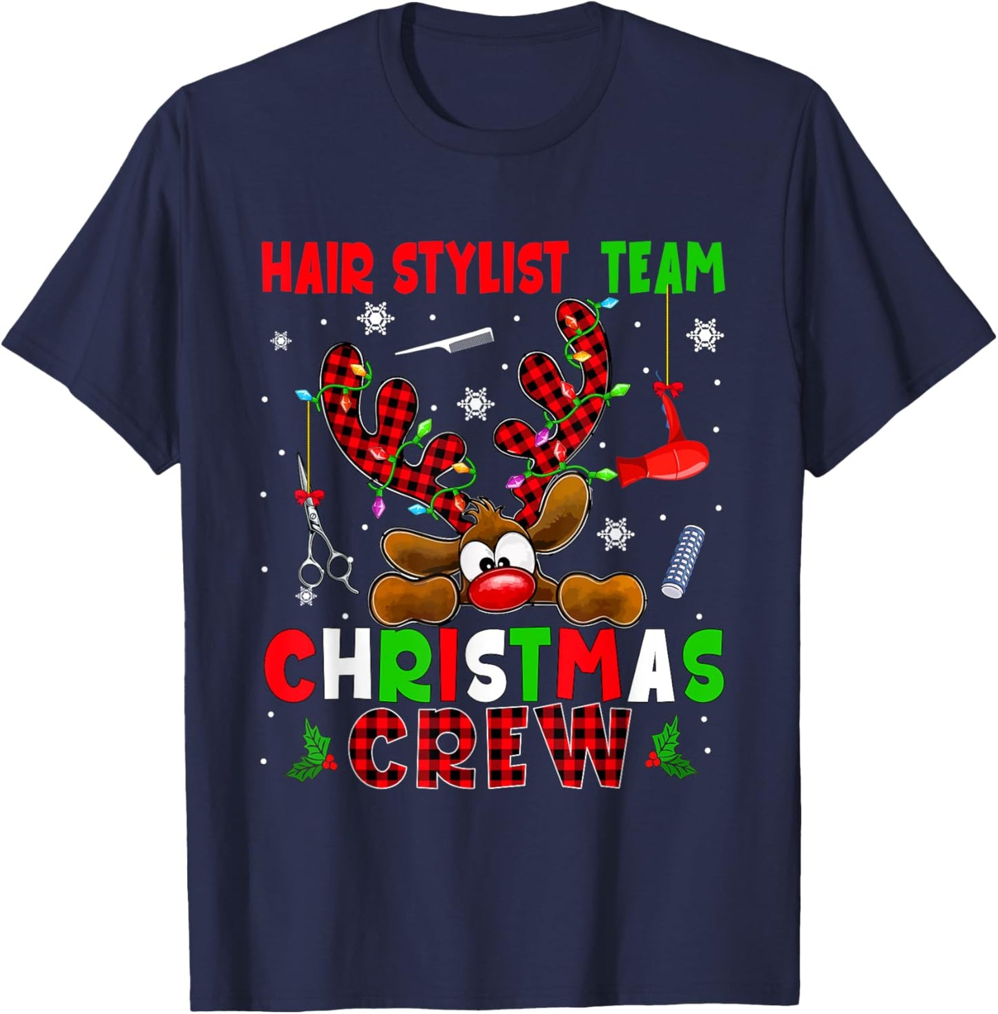 Hair Stylist Team Christmas Crew Proud Job Colorful Reindeer T-Shirt - T-Shirt | Navy