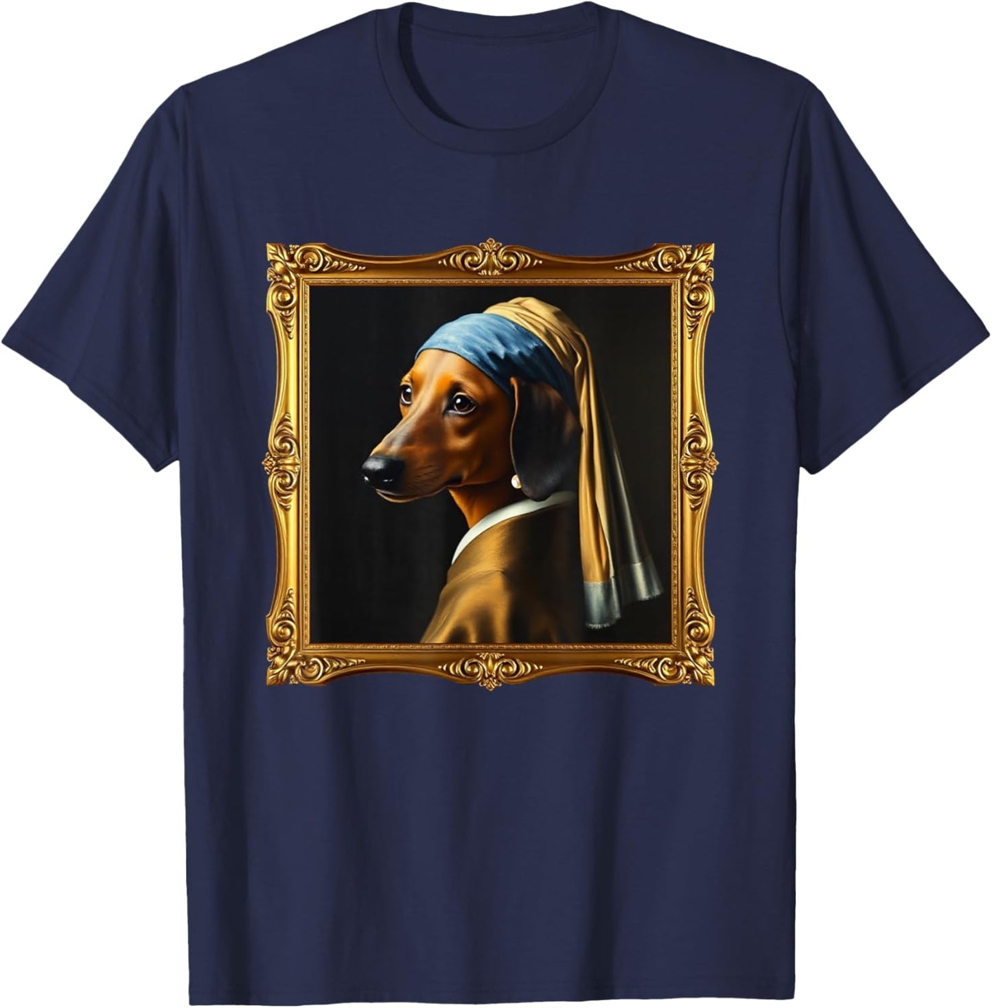 Dachshund Girl Dog with a Pearl Earring Famous Painting T-Shirt - T-Shirt | Navy