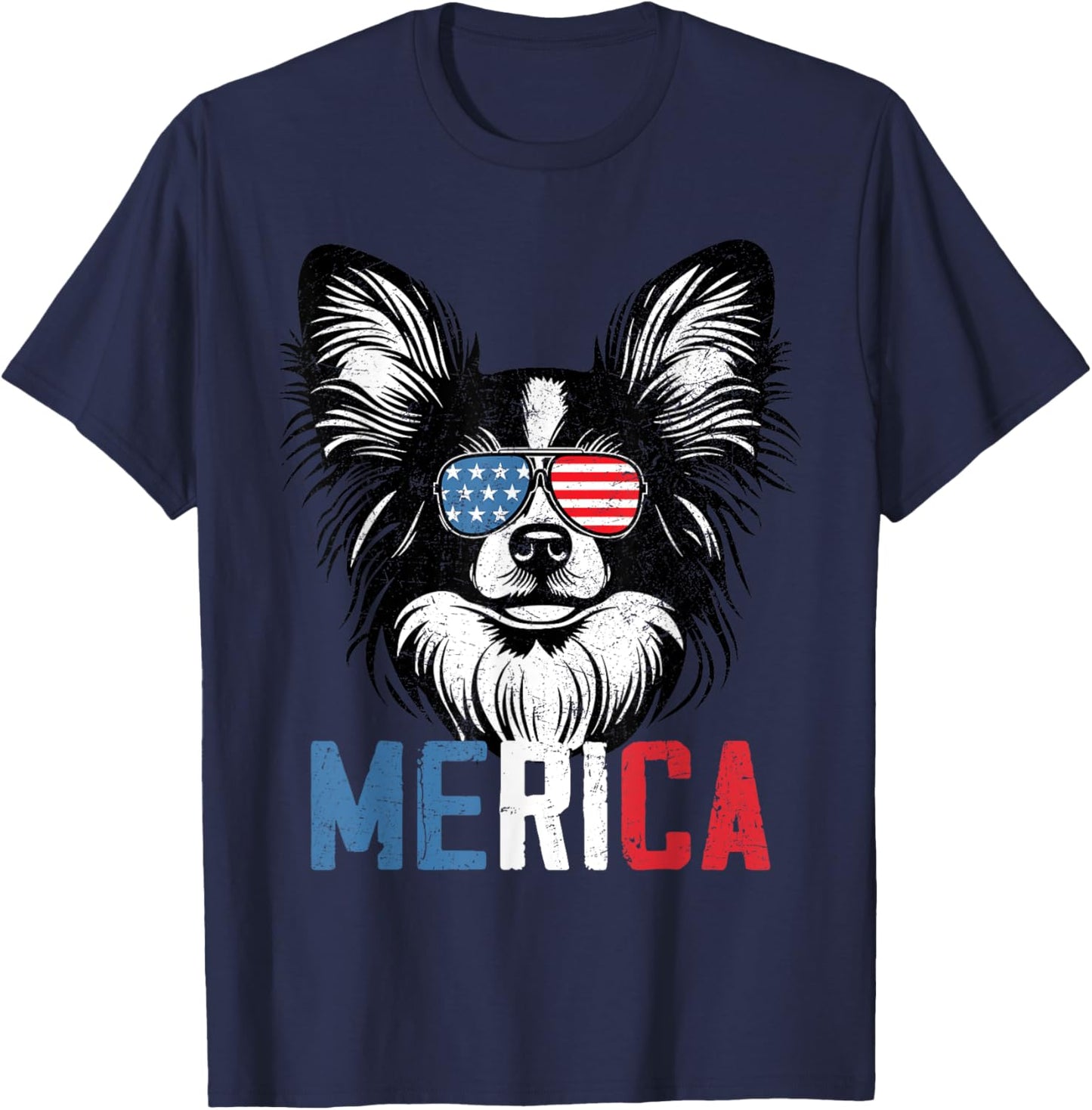 Patriotic Papillon Dog Merica 4th Of July Funny T-Shirt - T-Shirt | Navy
