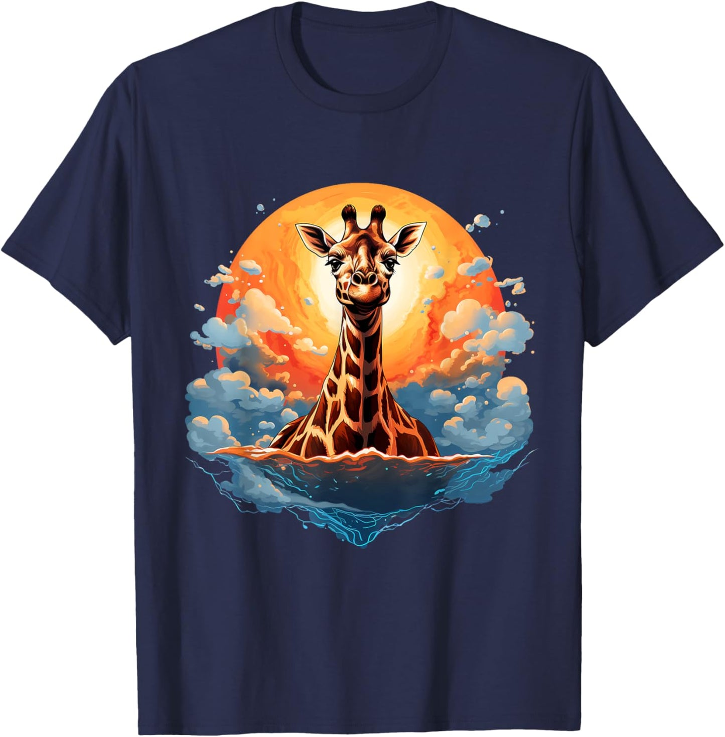 Giraffe Artwork Clouds Nature Sunset African Animal Lovers T-Shirt - T-Shirt | Navy