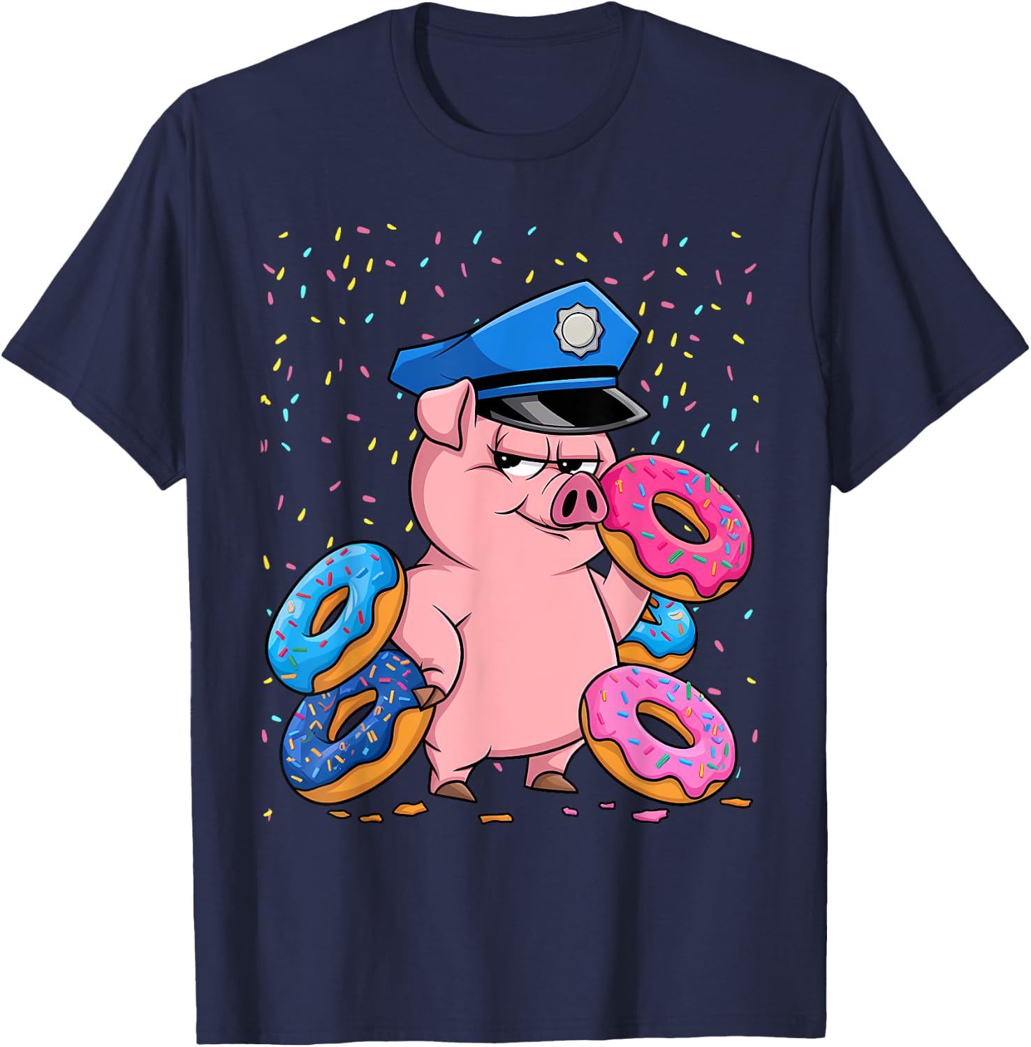 Pig Lover Gift Co. | Pig Cop Police Officer Doughnut - Black, Small, Short Sleeve T-Shirt - T-Shirt | Navy